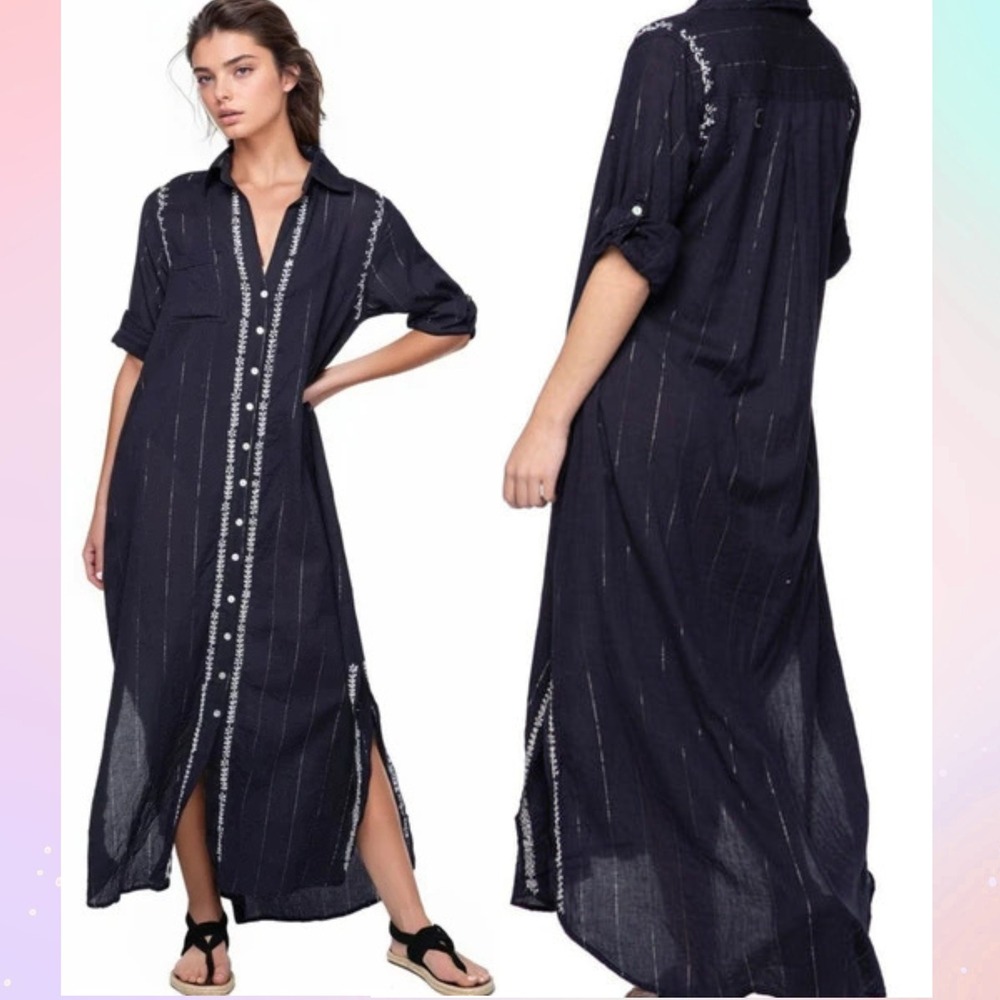 Subtle Luxury Navy Blue Lurex Stripe Embroidered Maxi Shirt Dress Medium Coastal